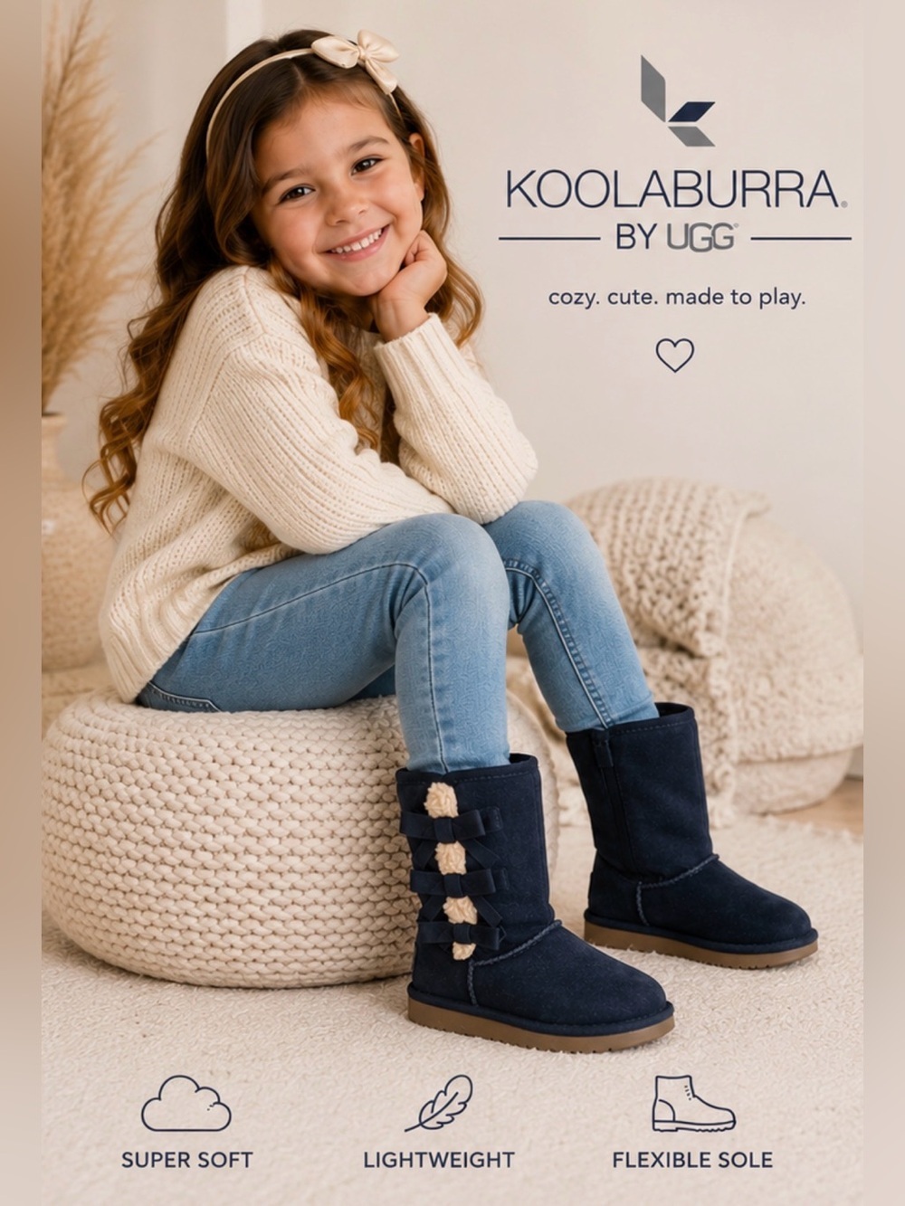 Koolaburra by UGG Girls Navy Triple Bow Faux Fur Boots - Size 13 - Picture 1 of 8